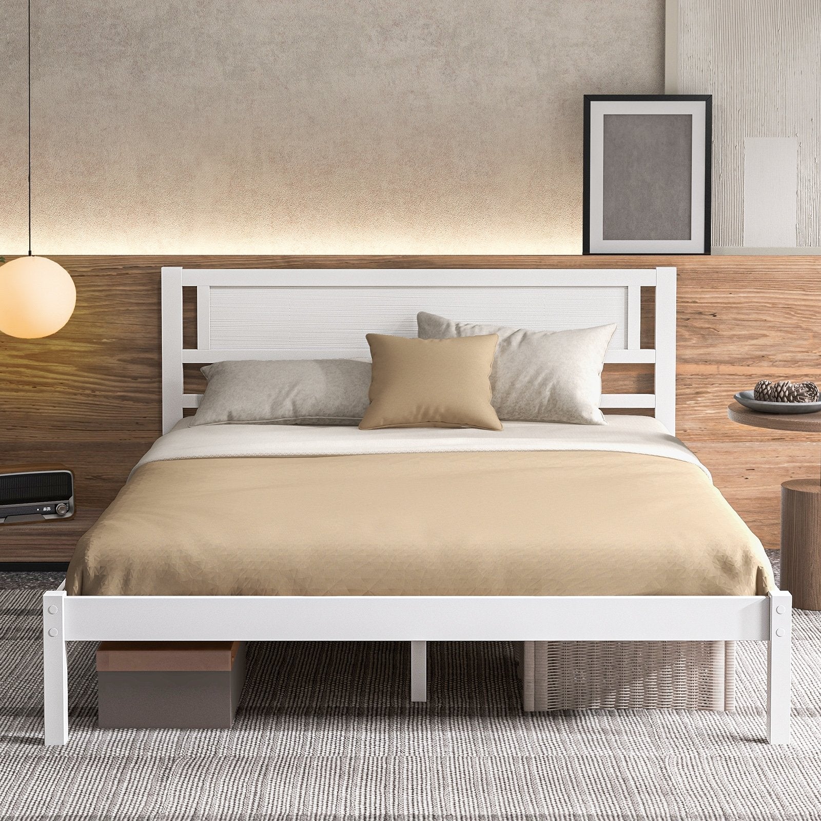 Twin/Full/Queen Size Wood Bed Frame with Headboard and Wooden Slats Support-Queen, White Simple Bed Frame   at Gallery Canada