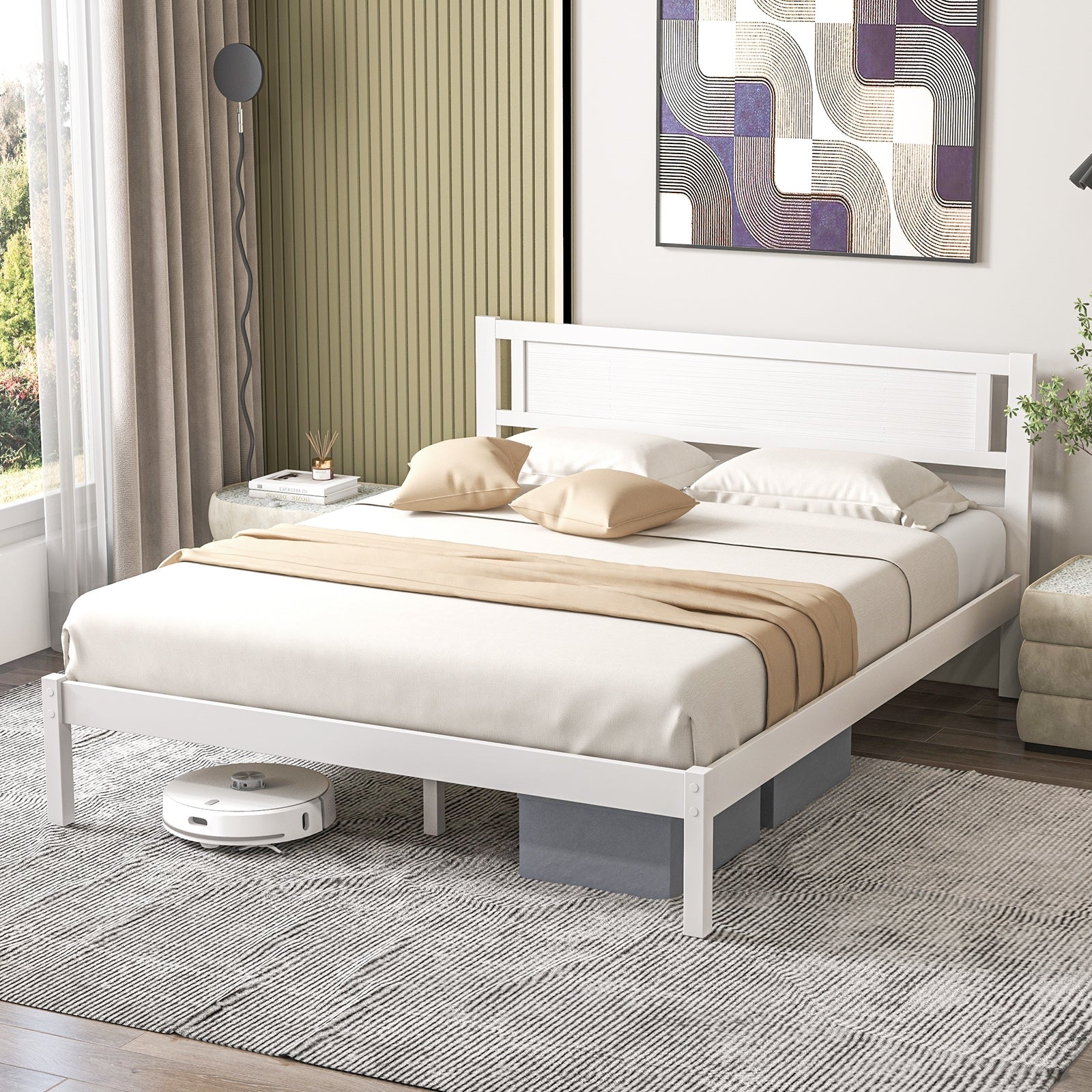 Twin/Full/Queen Size Wood Bed Frame with Headboard and Wooden Slats Support-Queen, White Simple Bed Frame   at Gallery Canada