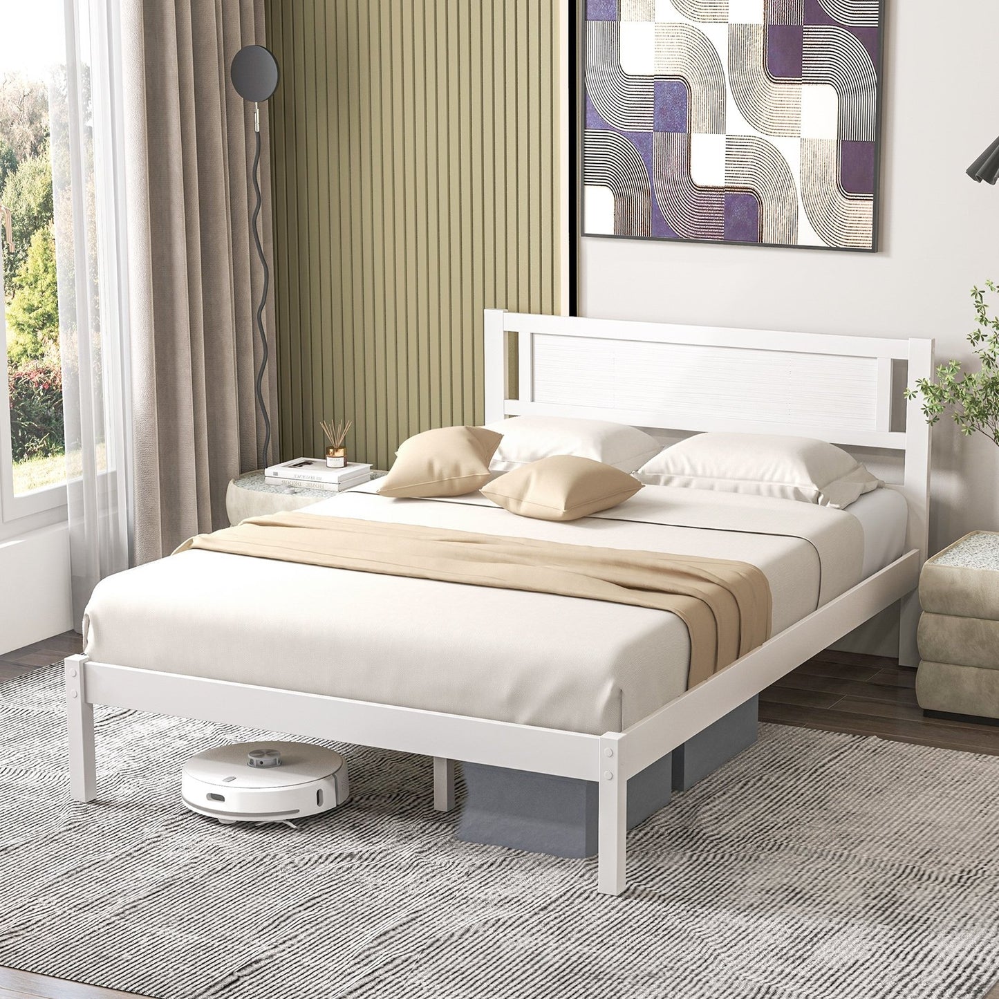 Twin/Full/Queen Size Wood Bed Frame with Headboard and Wooden Slats Support-Full, White Simple Bed Frame   at Gallery Canada