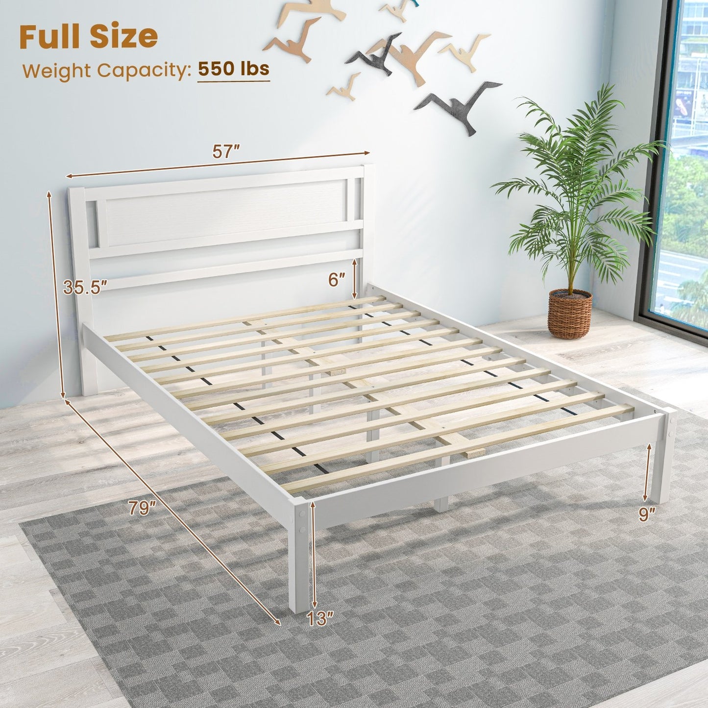 Twin/Full/Queen Size Wood Bed Frame with Headboard and Wooden Slats Support-Full, White Simple Bed Frame   at Gallery Canada