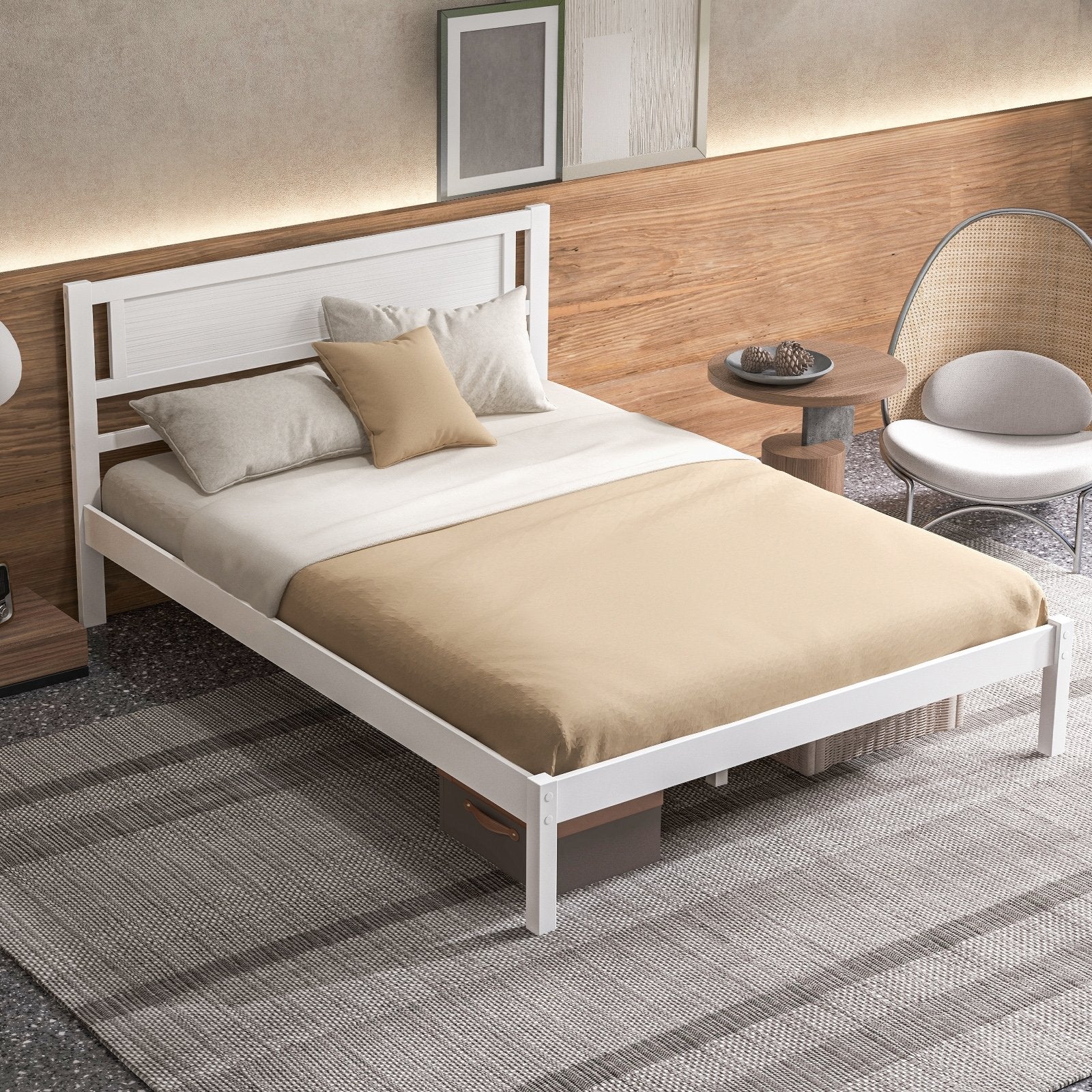 Twin/Full/Queen Size Wood Bed Frame with Headboard and Wooden Slats Support-Full, White Simple Bed Frame   at Gallery Canada