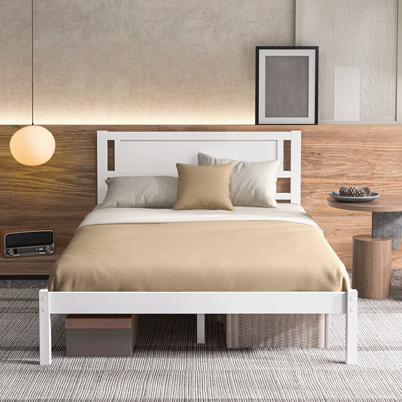 Twin/Full/Queen Size Wood Bed Frame with Headboard and Wooden Slats Support-Full, White Simple Bed Frame   at Gallery Canada