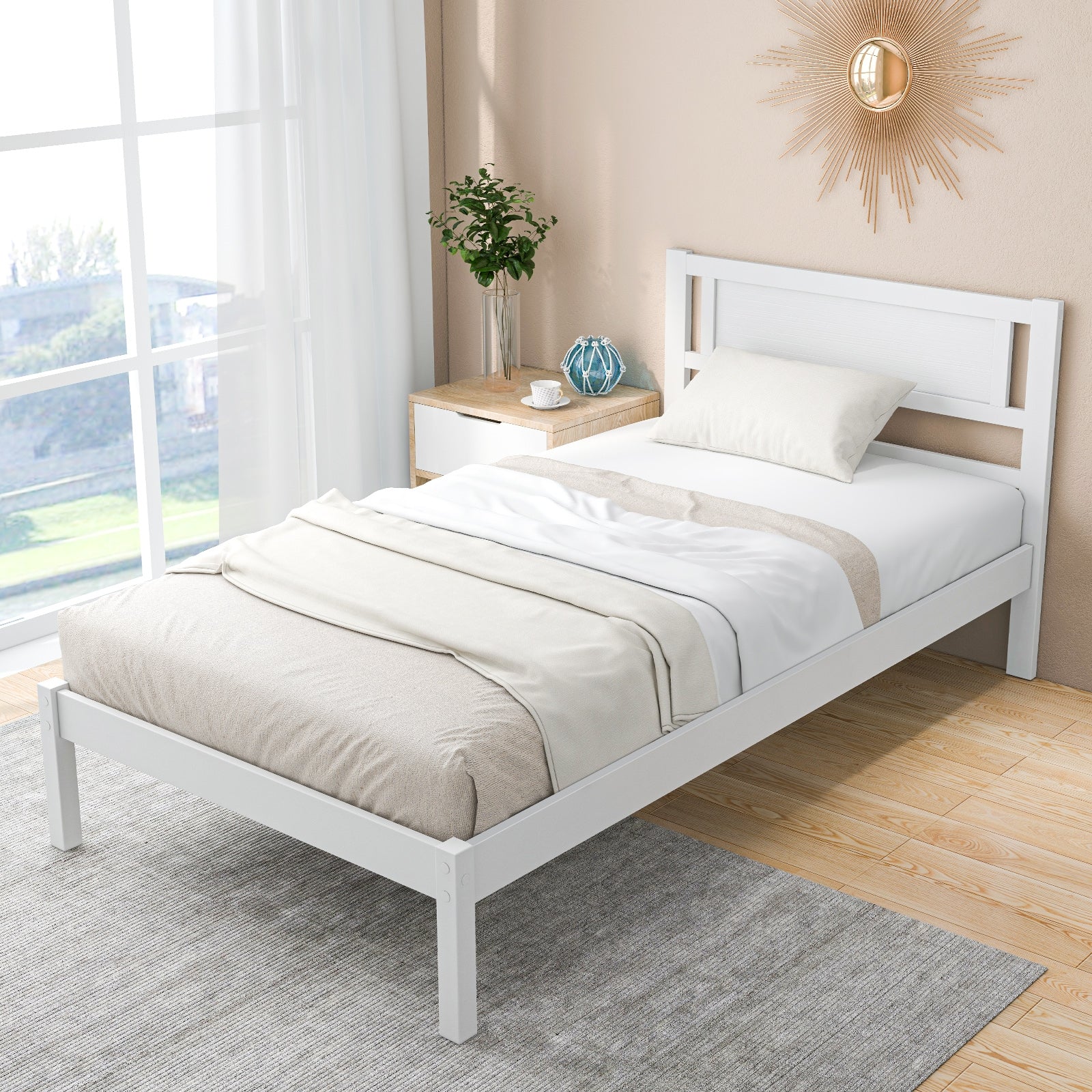 Twin/Full/Queen Size Wood Bed Frame with Headboard and Wooden Slats Support-Twin, White Simple Bed Frame   at Gallery Canada