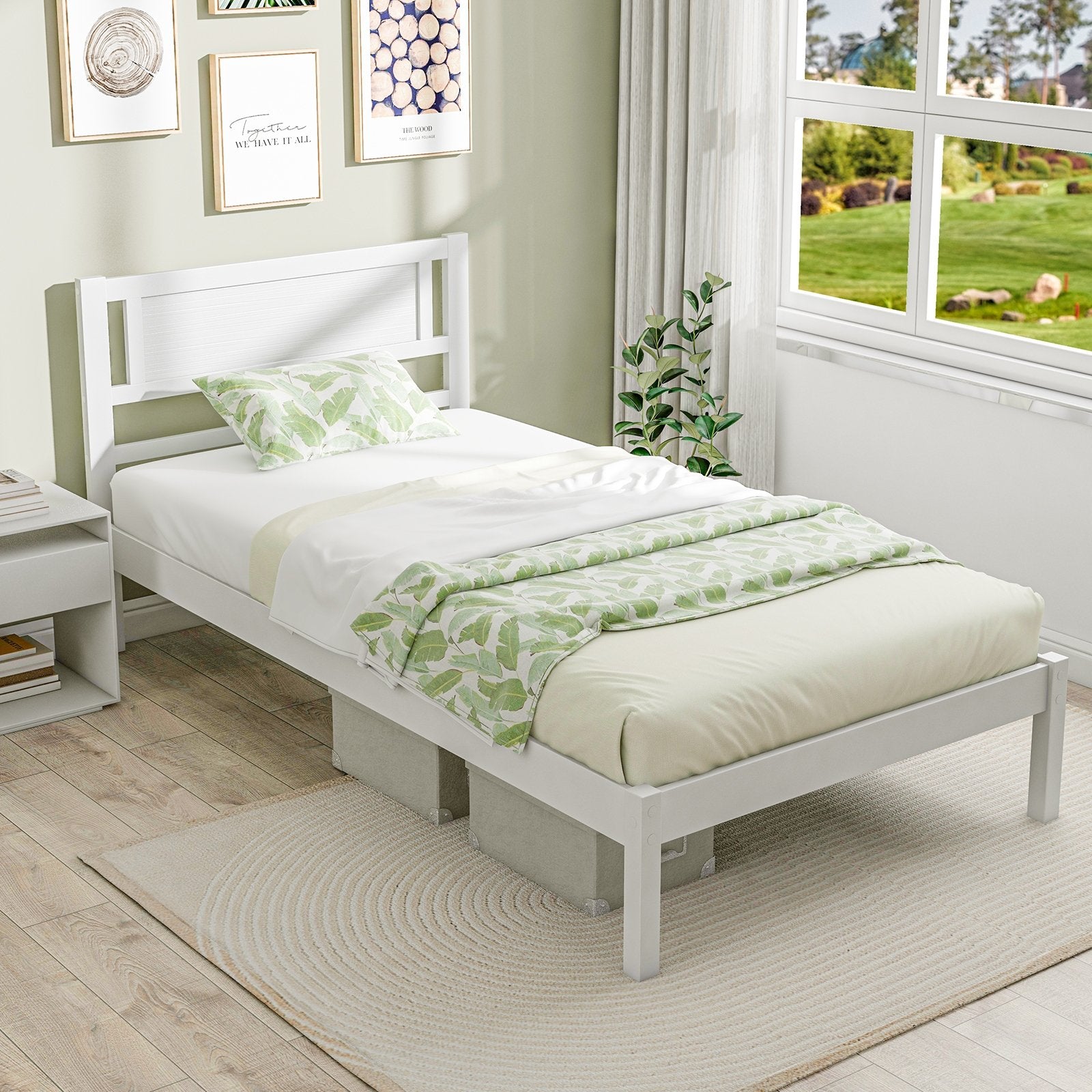 Twin/Full/Queen Size Wood Bed Frame with Headboard and Wooden Slats Support-Twin, White Simple Bed Frame   at Gallery Canada