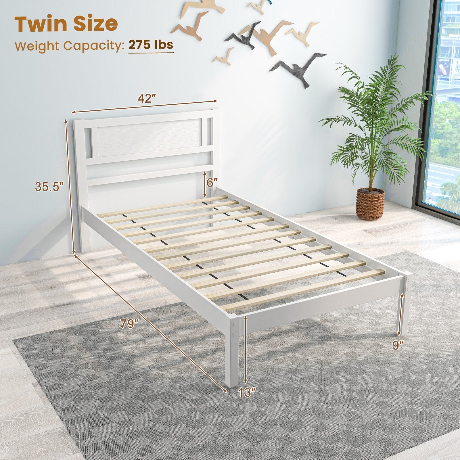 Twin/Full/Queen Size Wood Bed Frame with Headboard and Wooden Slats Support-Twin, White Simple Bed Frame   at Gallery Canada