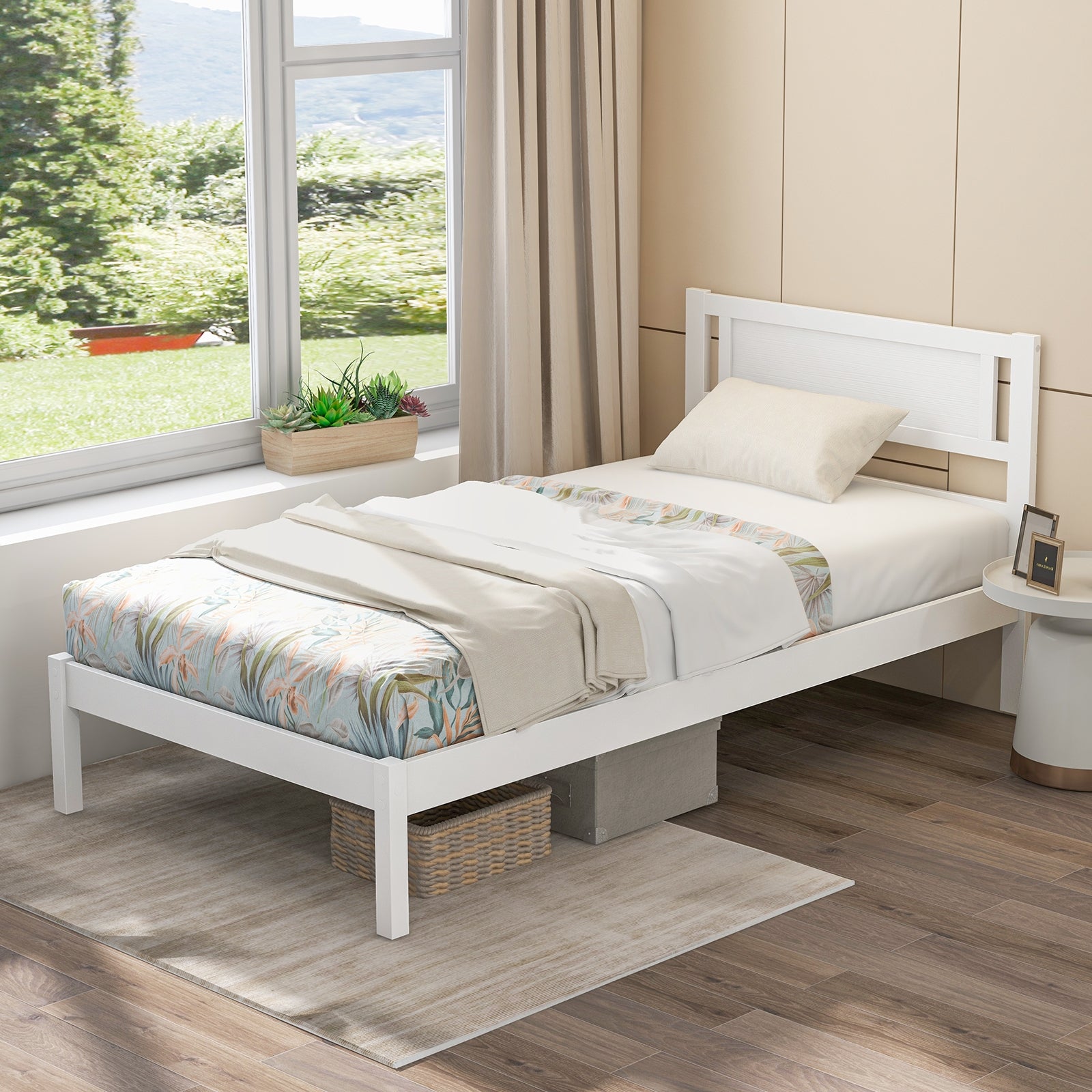 Twin/Full/Queen Size Wood Bed Frame with Headboard and Wooden Slats Support-Twin, White Simple Bed Frame   at Gallery Canada