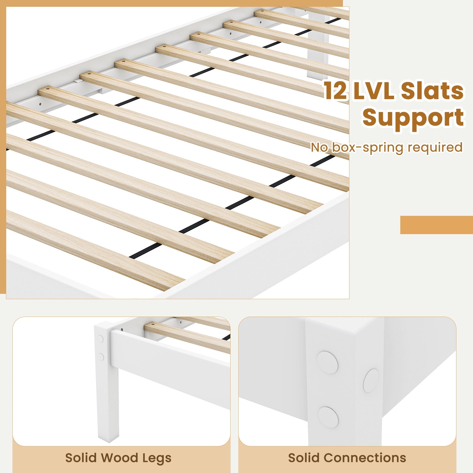 Twin/Full/Queen Size Wood Bed Frame with Headboard and Wooden Slats Support-Twin, White Simple Bed Frame   at Gallery Canada