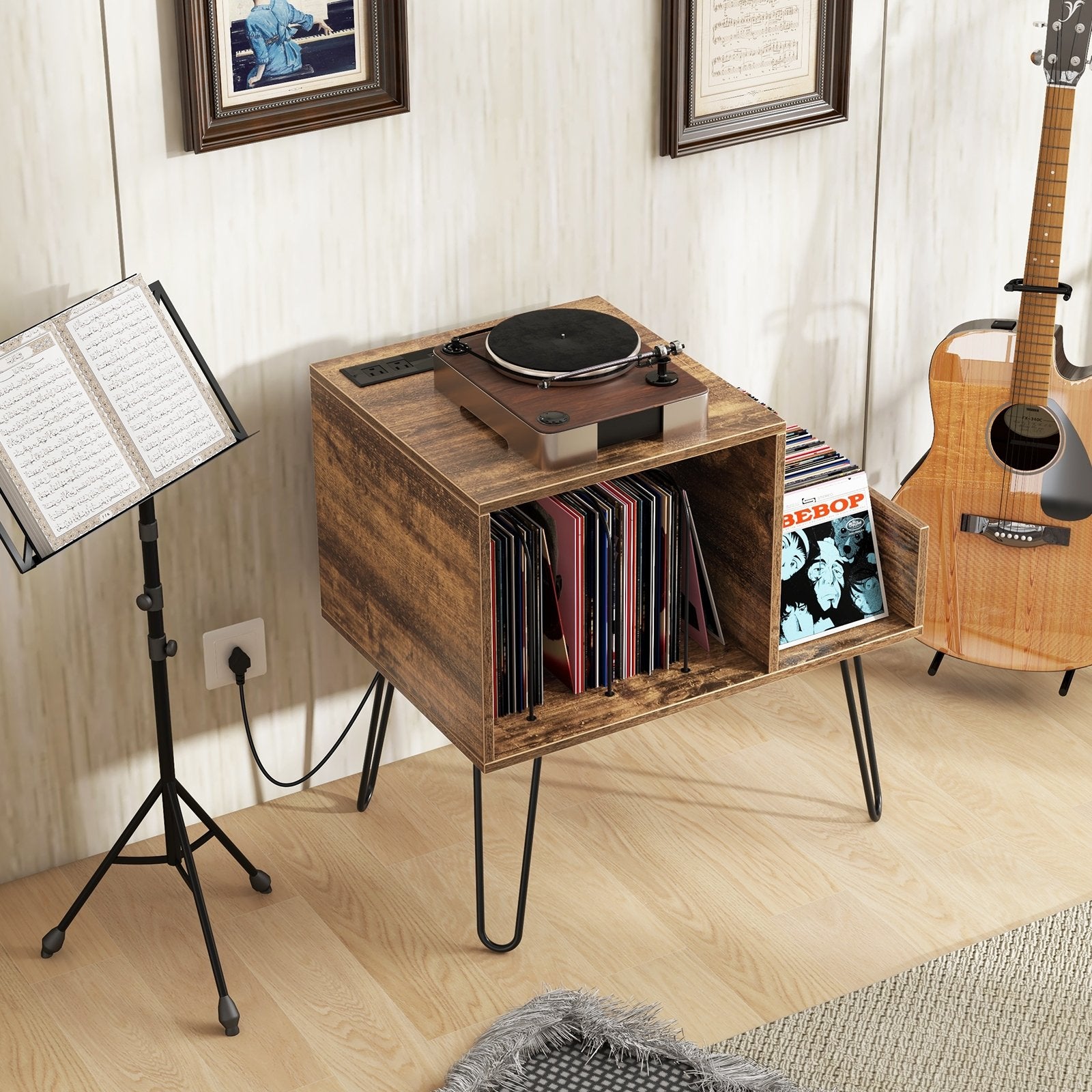 Mid-century Record Player Stand with Power Outlet and Vinyl Divider, Rustic Brown End & Side Tables   at Gallery Canada