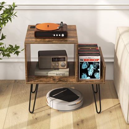 Mid-century Record Player Stand with Power Outlet and Vinyl Divider, Rustic Brown End & Side Tables   at Gallery Canada