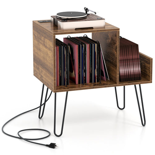 Mid-century Record Player Stand with Power Outlet and Vinyl Divider, Rustic Brown