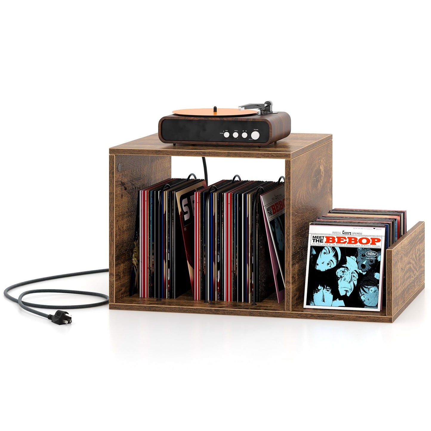 Mid-century Record Player Stand with Power Outlet and Vinyl Divider, Rustic Brown End & Side Tables   at Gallery Canada