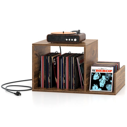 Mid-century Record Player Stand with Power Outlet and Vinyl Divider, Rustic Brown End & Side Tables   at Gallery Canada