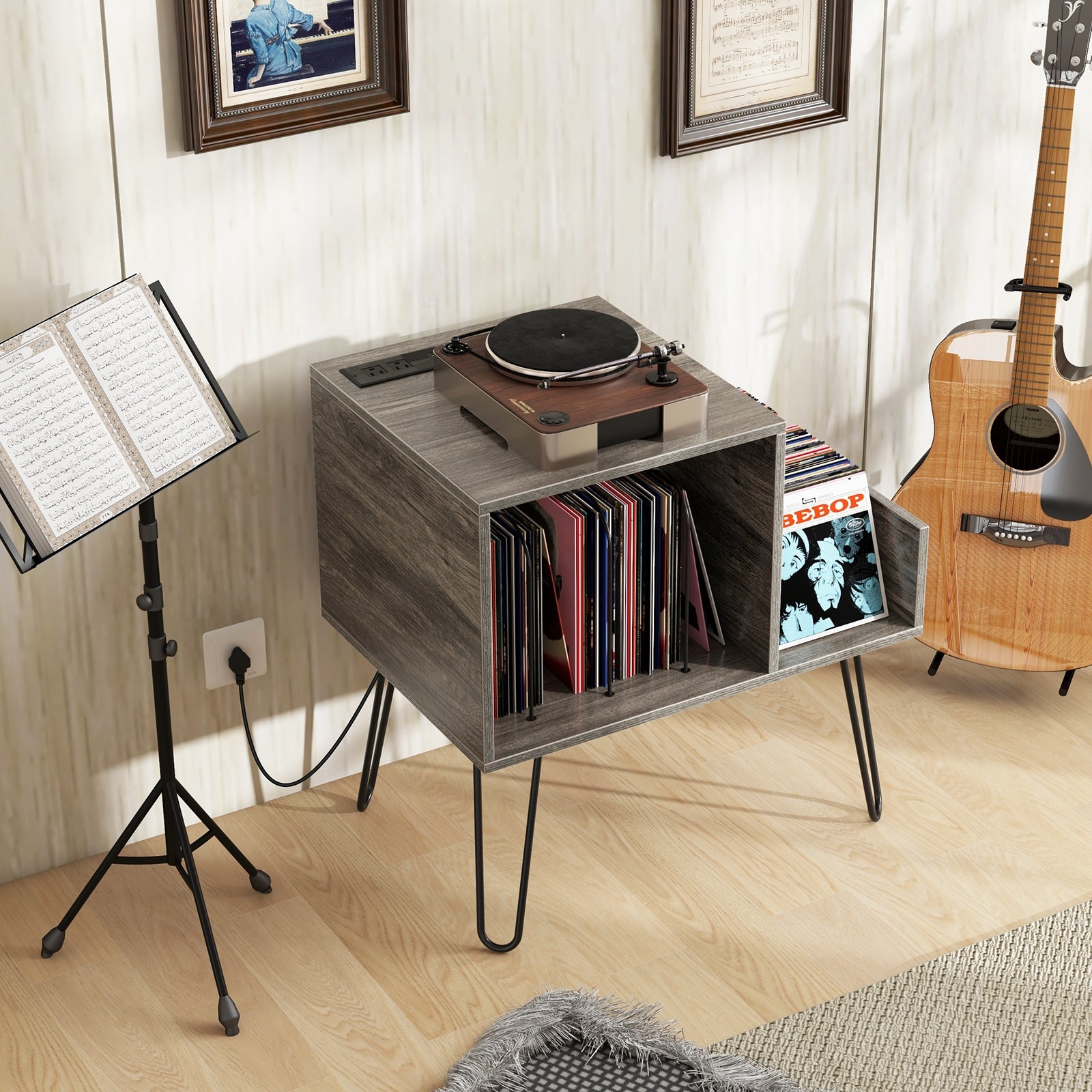 Mid-century Record Player Stand with Power Outlet and Vinyl Divider, Gray End & Side Tables   at Gallery Canada