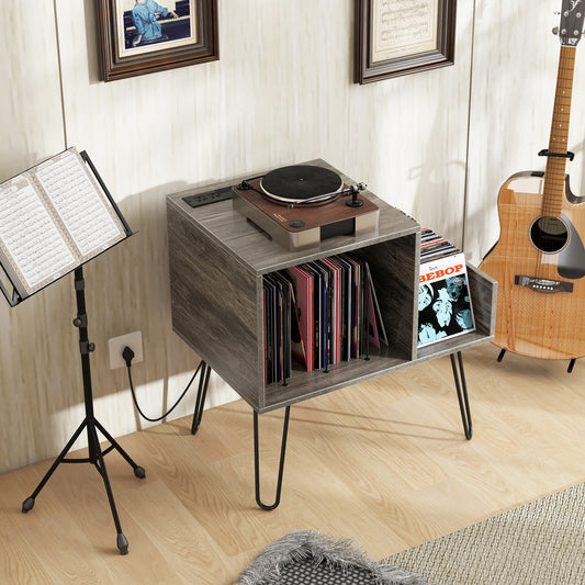 Mid-century Record Player Stand with Power Outlet and Vinyl Divider, Gray End & Side Tables Gray  at Gallery Canada