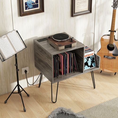 Mid-century Record Player Stand with Power Outlet and Vinyl Divider, Gray