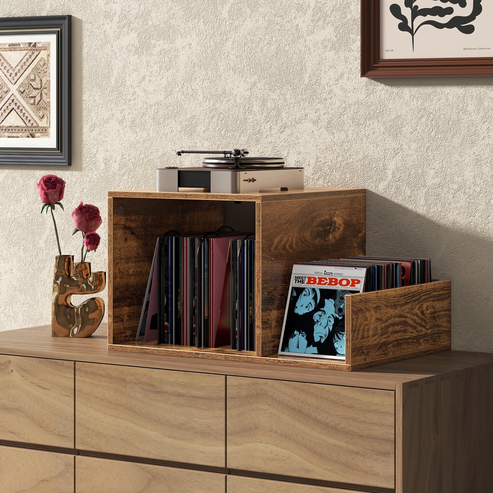 Mid-century Record Player Stand with Power Outlet and Vinyl Divider, Rustic Brown End & Side Tables   at Gallery Canada