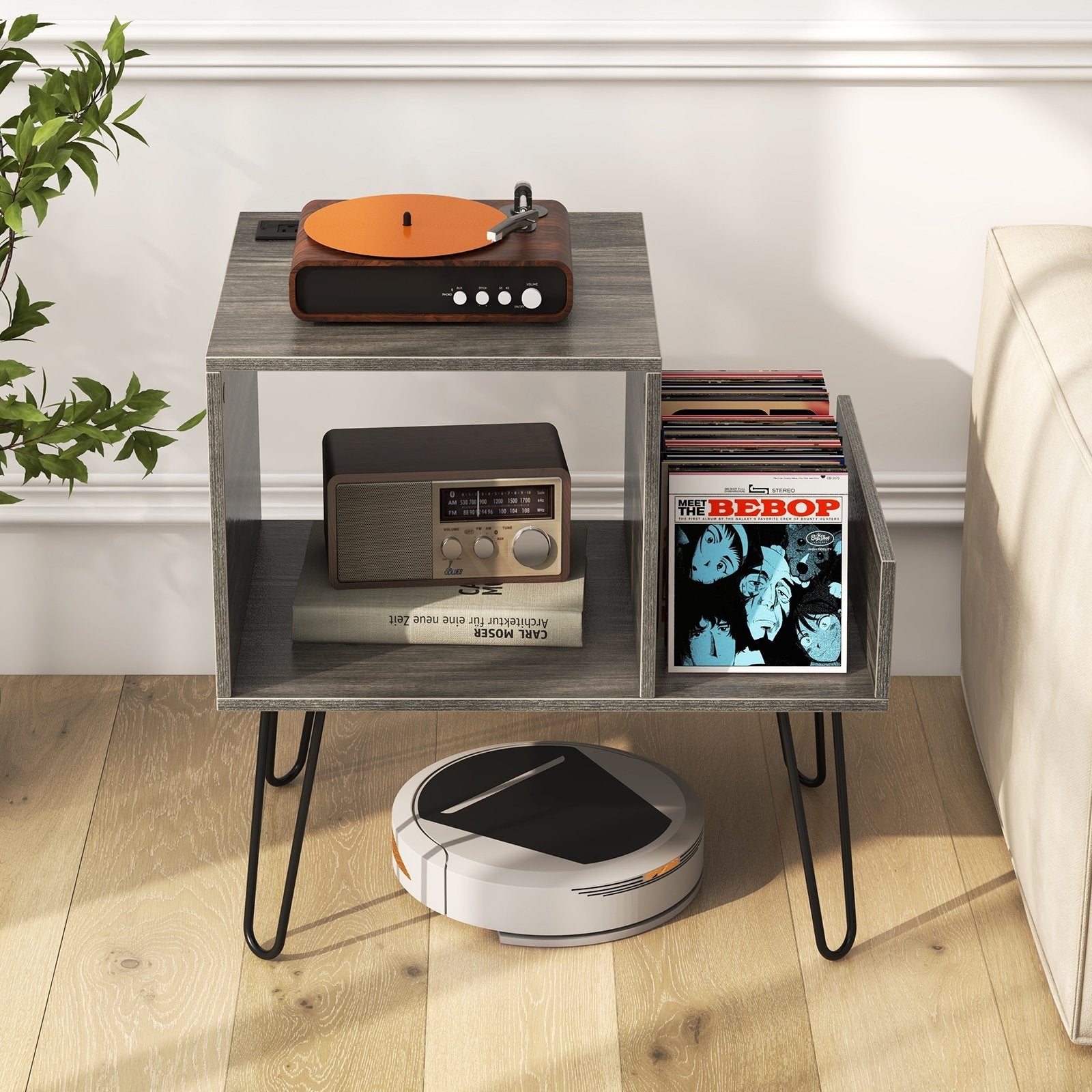 Mid-century Record Player Stand with Power Outlet and Vinyl Divider, Gray End & Side Tables   at Gallery Canada