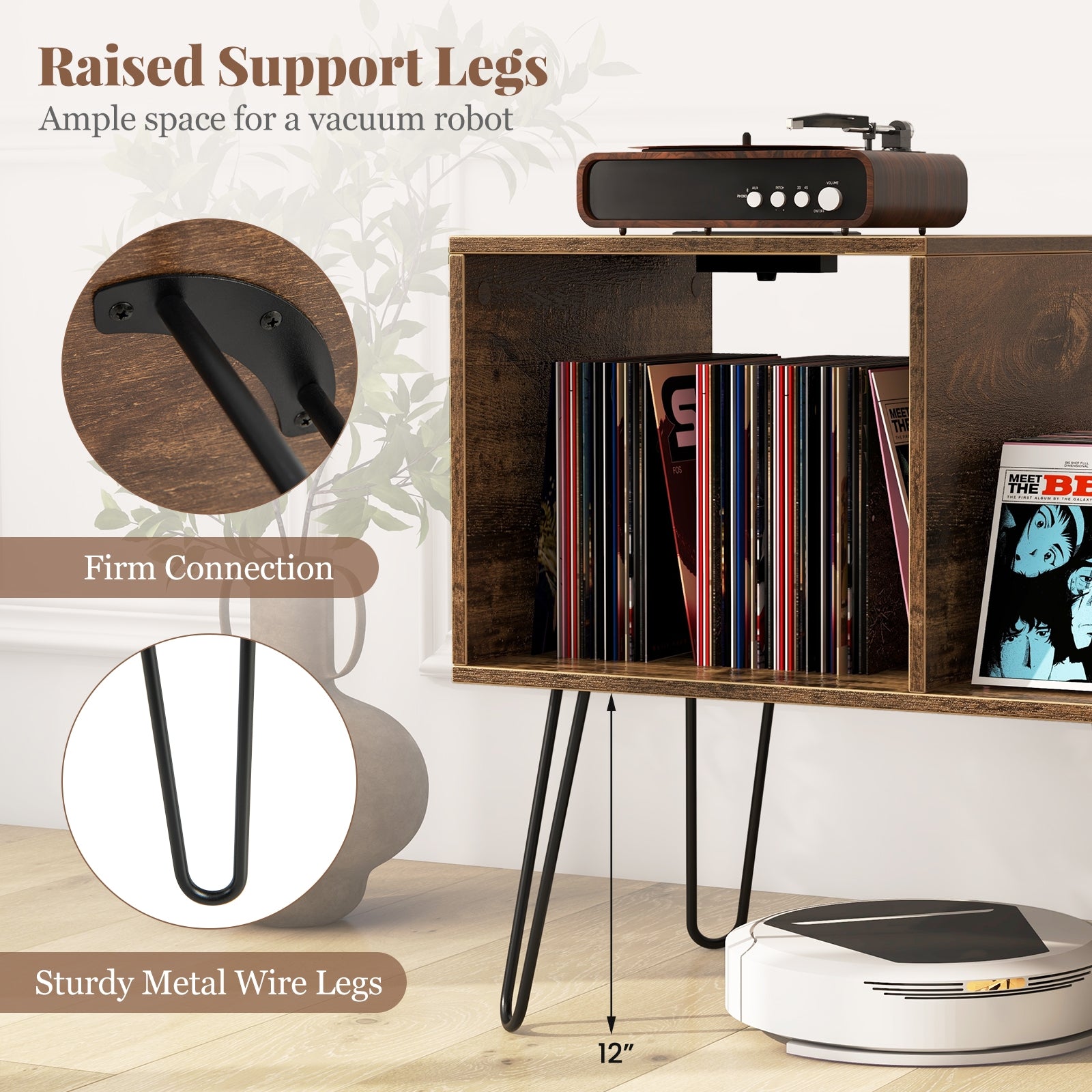 Mid-century Record Player Stand with Power Outlet and Vinyl Divider, Rustic Brown End & Side Tables   at Gallery Canada