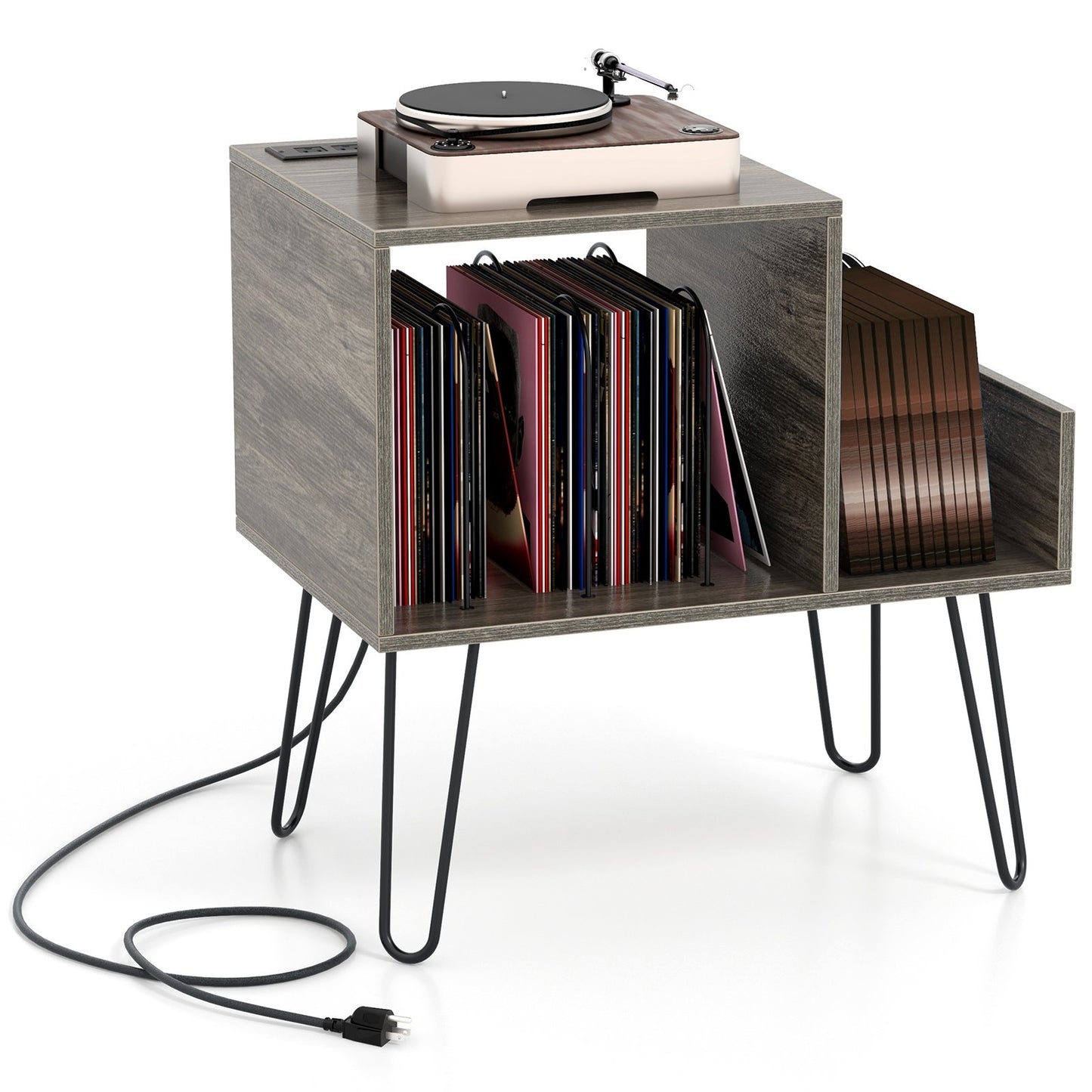 Mid-century Record Player Stand with Power Outlet and Vinyl Divider, Gray End & Side Tables Gray  at Gallery Canada