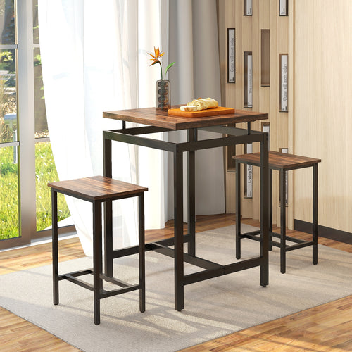 3 Pieces Pub Dining Table Set with Floating Tabletop and Footrest, Rustic Brown
