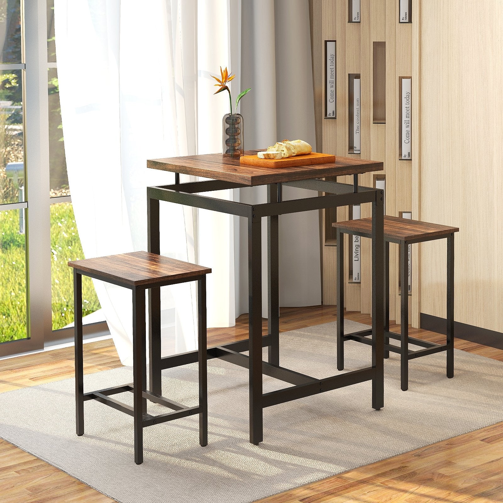 3 Pieces Pub Dining Table Set with Floating Tabletop and Footrest, Rustic Brown Dining Room Sets   at Gallery Canada