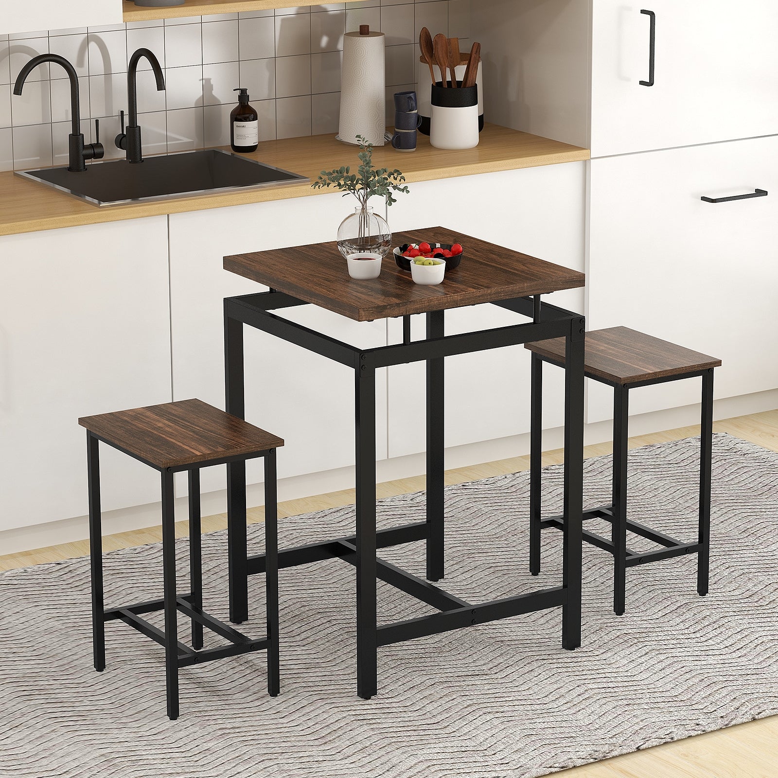 3 Pieces Pub Dining Table Set with Floating Tabletop and Footrest, Rustic Brown Dining Room Sets at Gallery Canada