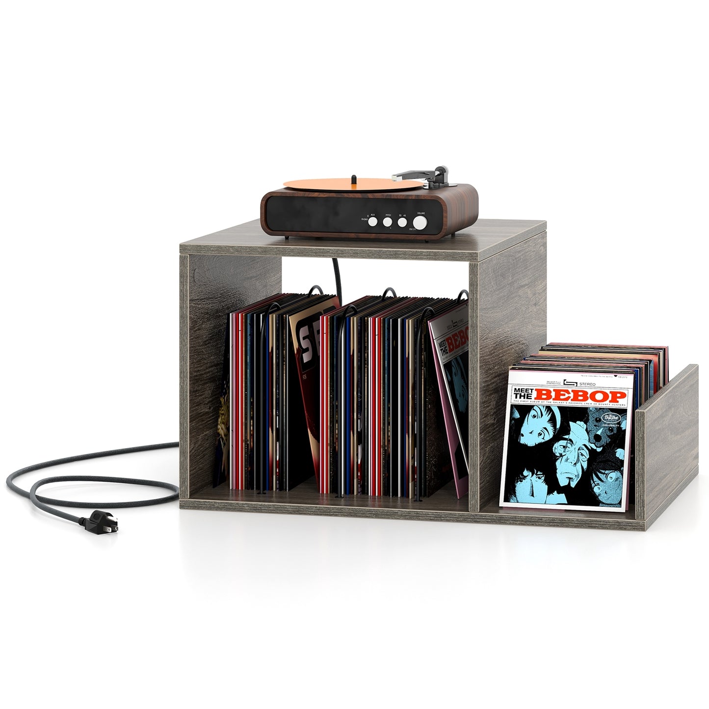 Mid-century Record Player Stand with Power Outlet and Vinyl Divider, Gray End & Side Tables   at Gallery Canada