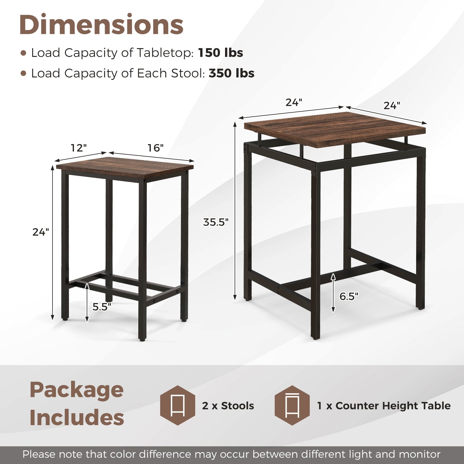 3 Pieces Pub Dining Table Set with Floating Tabletop and Footrest, Rustic Brown Dining Room Sets at Gallery Canada