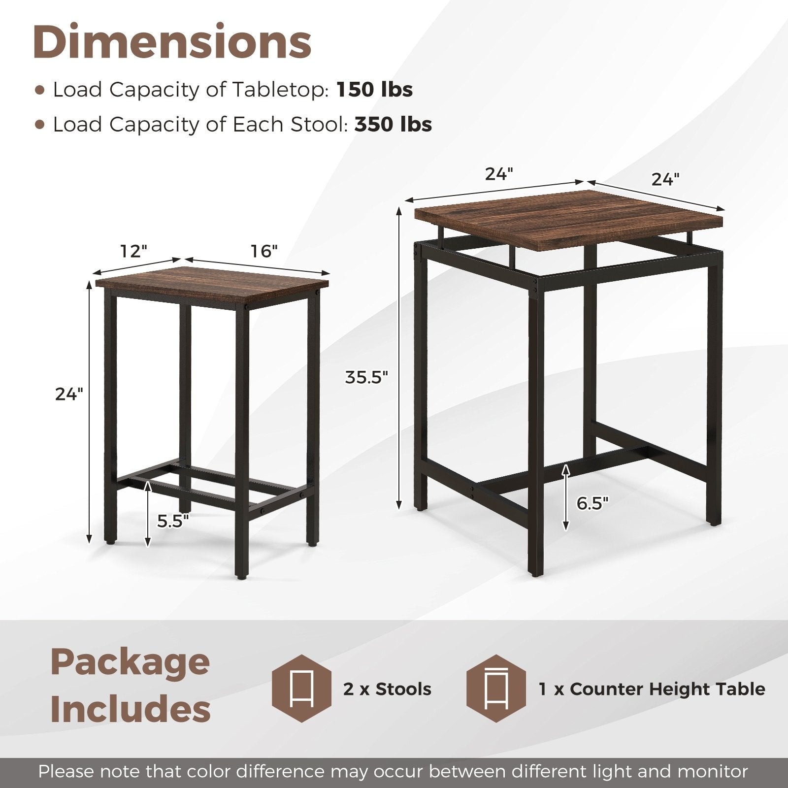 3 Pieces Pub Dining Table Set with Floating Tabletop and Footrest, Rustic Brown Dining Room Sets   at Gallery Canada