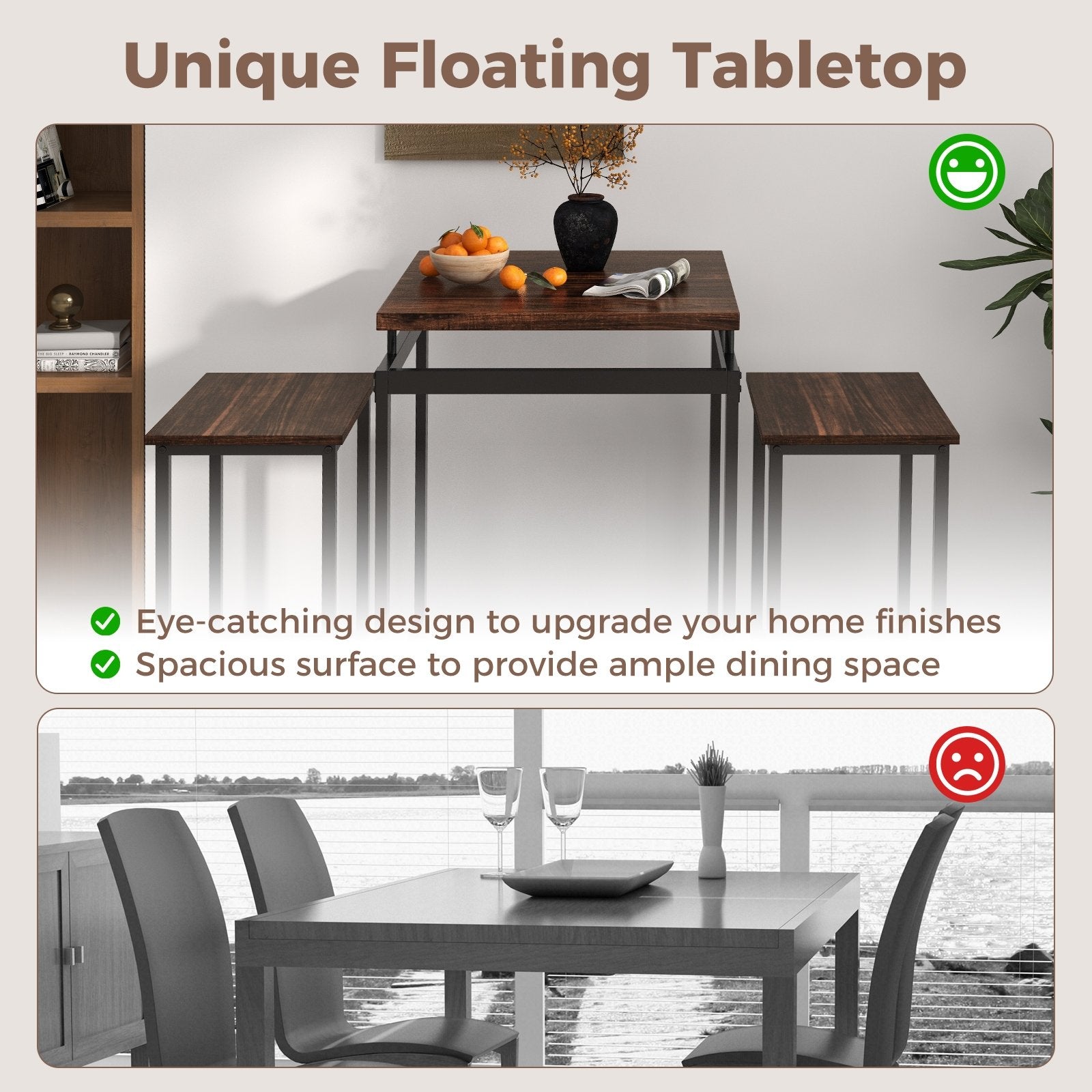 3 Pieces Pub Dining Table Set with Floating Tabletop and Footrest, Rustic Brown Dining Room Sets   at Gallery Canada