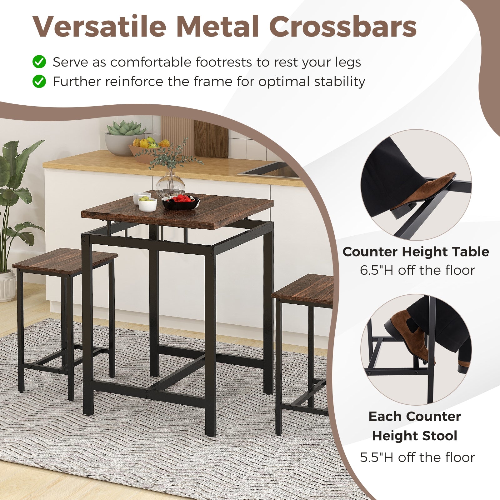 3 Pieces Pub Dining Table Set with Floating Tabletop and Footrest, Rustic Brown Dining Room Sets at Gallery Canada