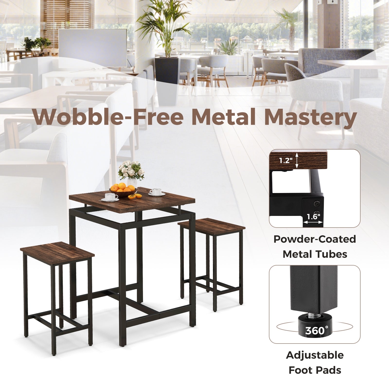 3 Pieces Pub Dining Table Set with Floating Tabletop and Footrest, Rustic Brown Dining Room Sets at Gallery Canada