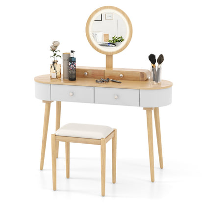 Makeup Vanity Table Set with LED Mirror and 3 Spacious Drawers-White-Natural Wood, White-Natural Wood Makeup Vanities   at Gallery Canada