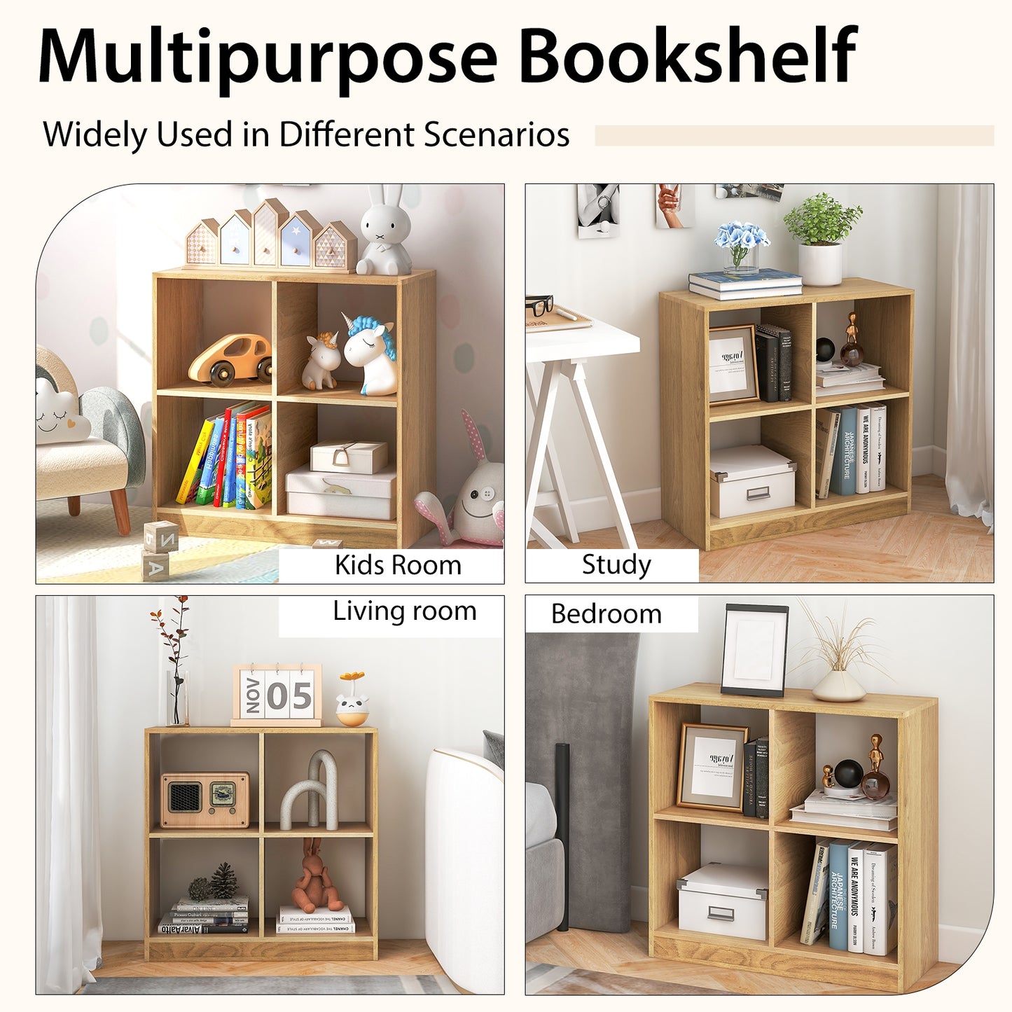 4-Cube Kids Bookcase with Open Shelves, Natural Bookcases   at Gallery Canada