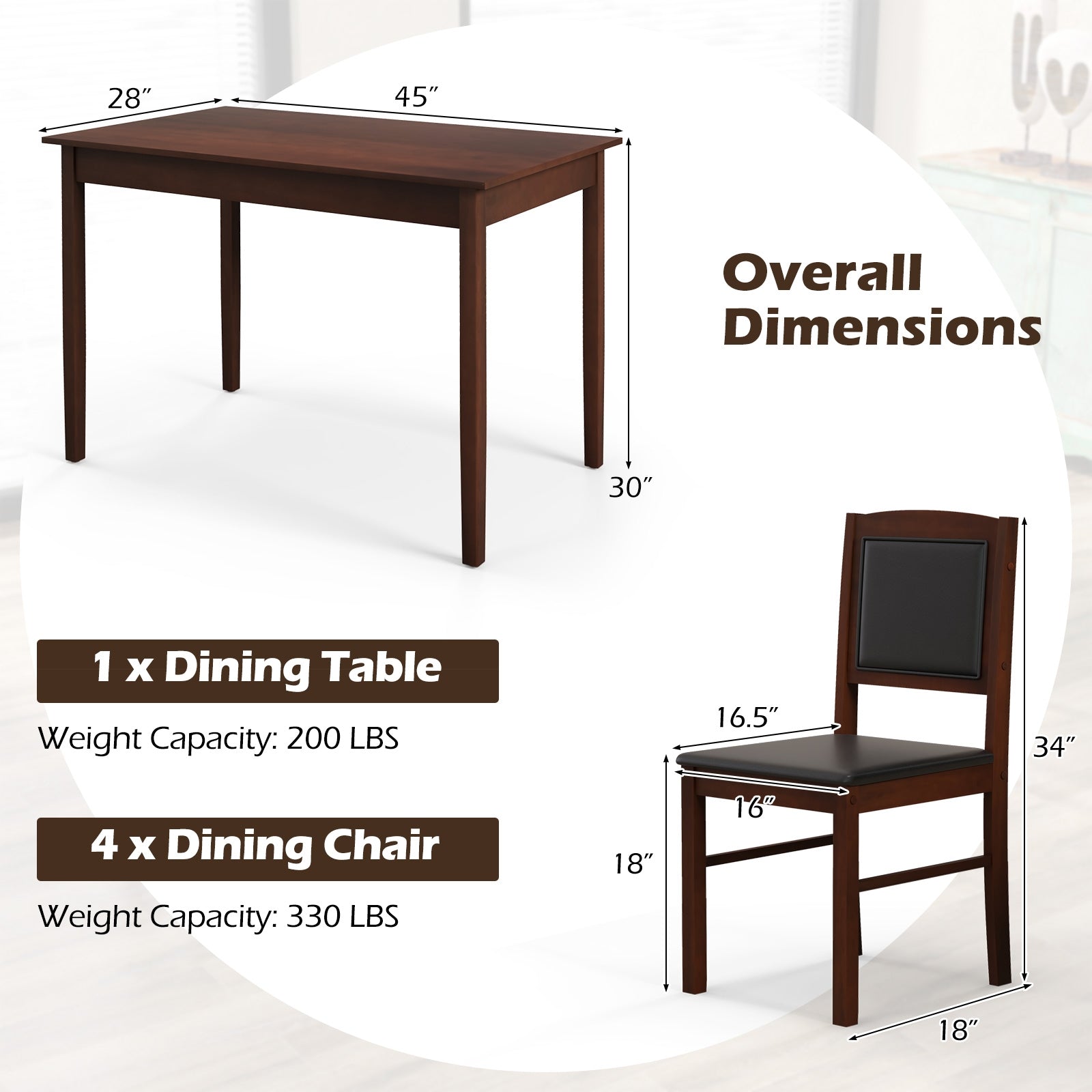 5-Piece Dining Set for 4 with Rubber Wood Legs for Small Dining Room, Brown Dining Room Sets at Gallery Canada