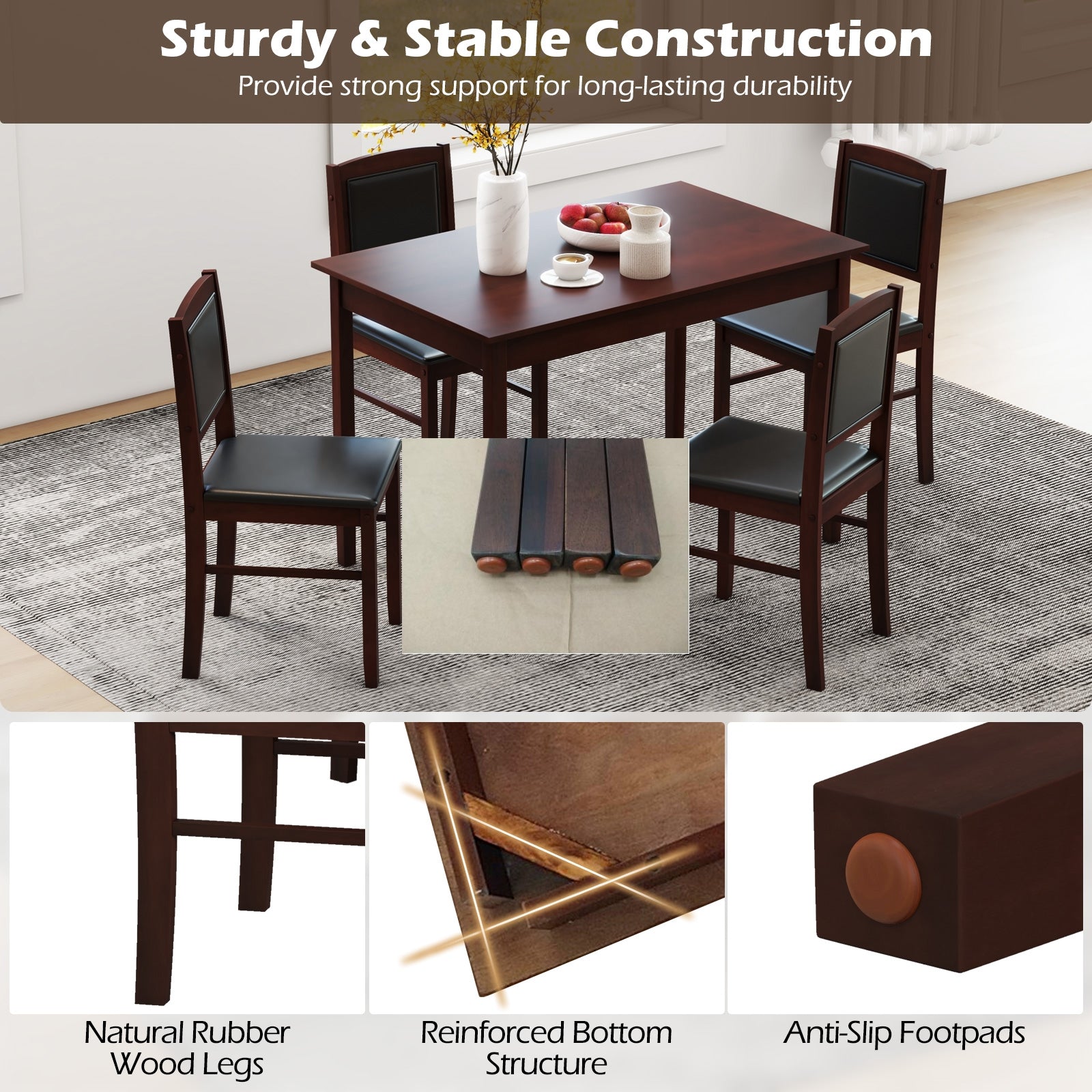 5-Piece Dining Set for 4 with Rubber Wood Legs for Small Dining Room, Brown Dining Room Sets at Gallery Canada
