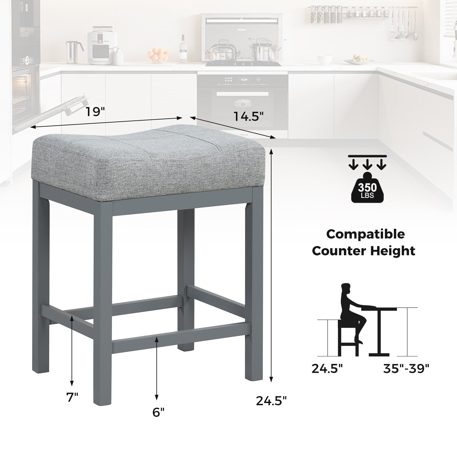 24.5 Inches Linen Fabric Saddle Stools Set of 2 with Cushioned Seat, Gray Bar Stools   at Gallery Canada