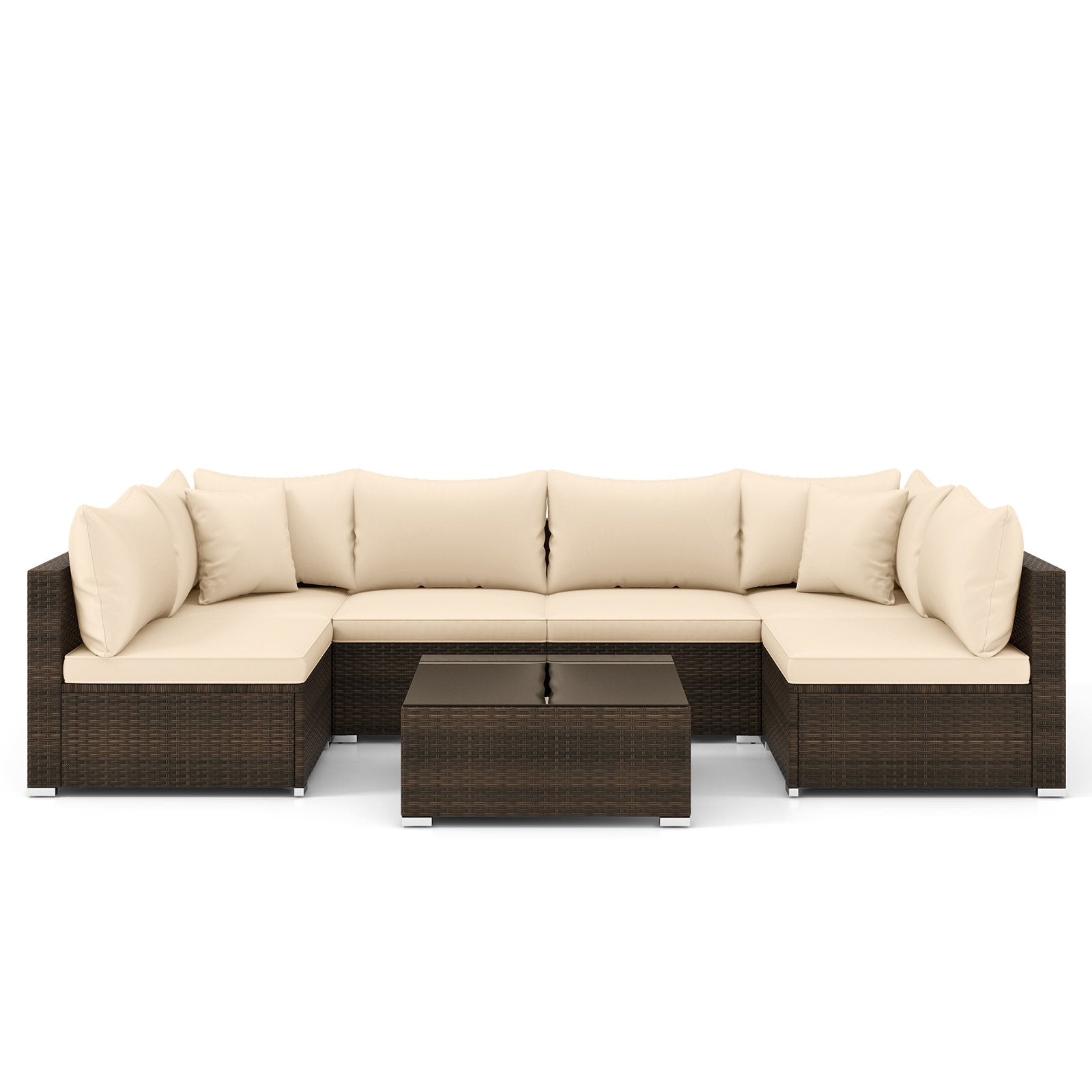 7 Pieces Patio Rattan Furniture Set with Sectional Sofa Cushions, Beige Outdoor Sectionals Beige  at Gallery Canada