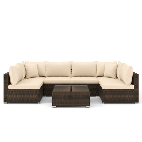 7 Pieces Patio Rattan Furniture Set with Sectional Sofa Cushions, Beige