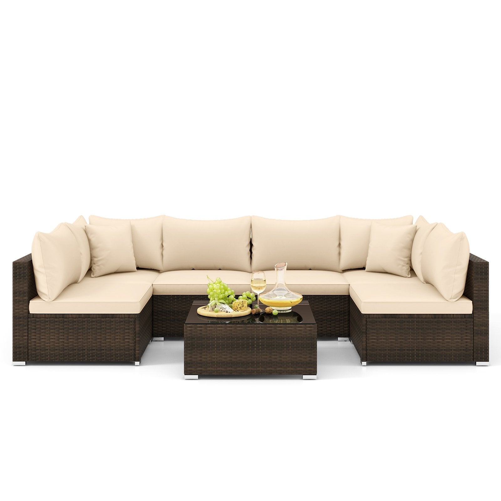 7 Pieces Patio Rattan Furniture Set with Sectional Sofa Cushions, Beige Outdoor Sectionals   at Gallery Canada