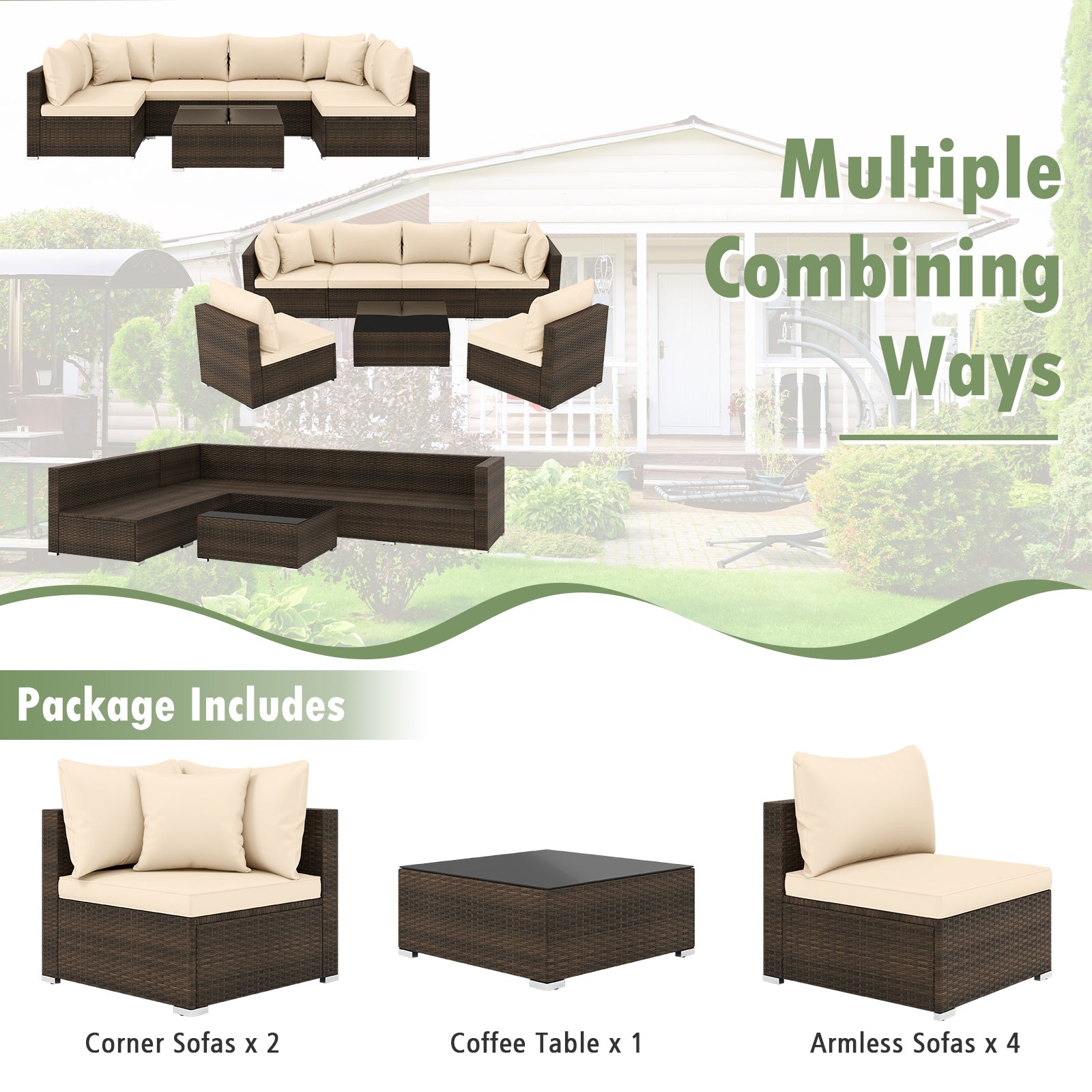 7 Pieces Patio Rattan Furniture Set with Sectional Sofa Cushions, Beige Outdoor Sectionals   at Gallery Canada