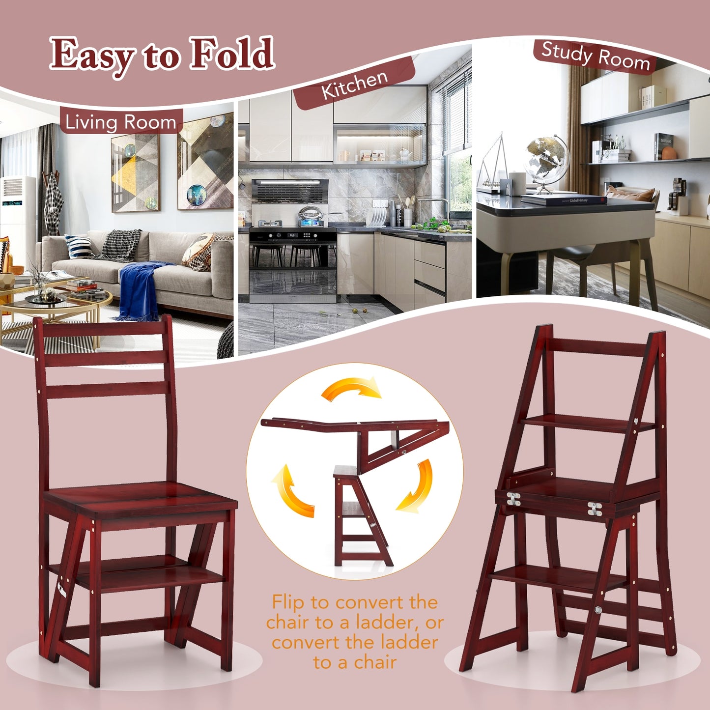 Multifunctional 3-in-1 Ladder Chair Display Plant Stand for Library Kitchen Office, Red Patio Dining Chairs   at Gallery Canada