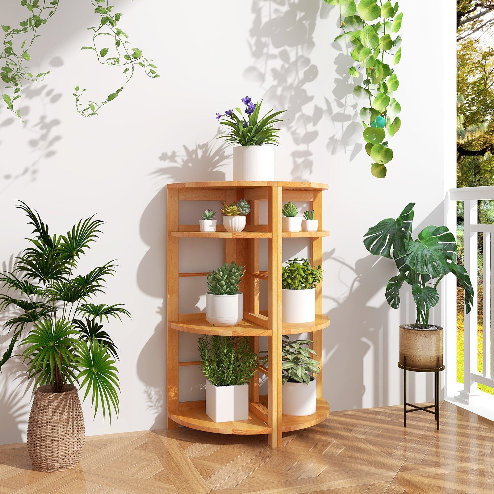 4-Tier Corner Shelf with Rubber Wood Frame and Anti-Toppling Kit, Natural Cabinets & Chests   at Gallery Canada