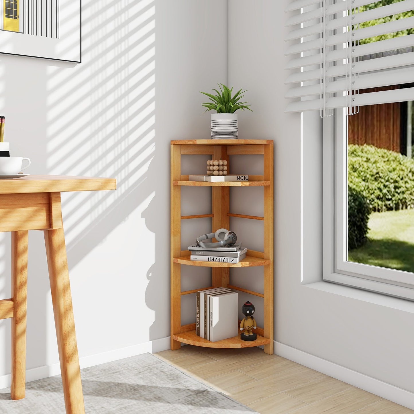 4-Tier Corner Shelf with Rubber Wood Frame and Anti-Toppling Kit, Natural Cabinets & Chests   at Gallery Canada