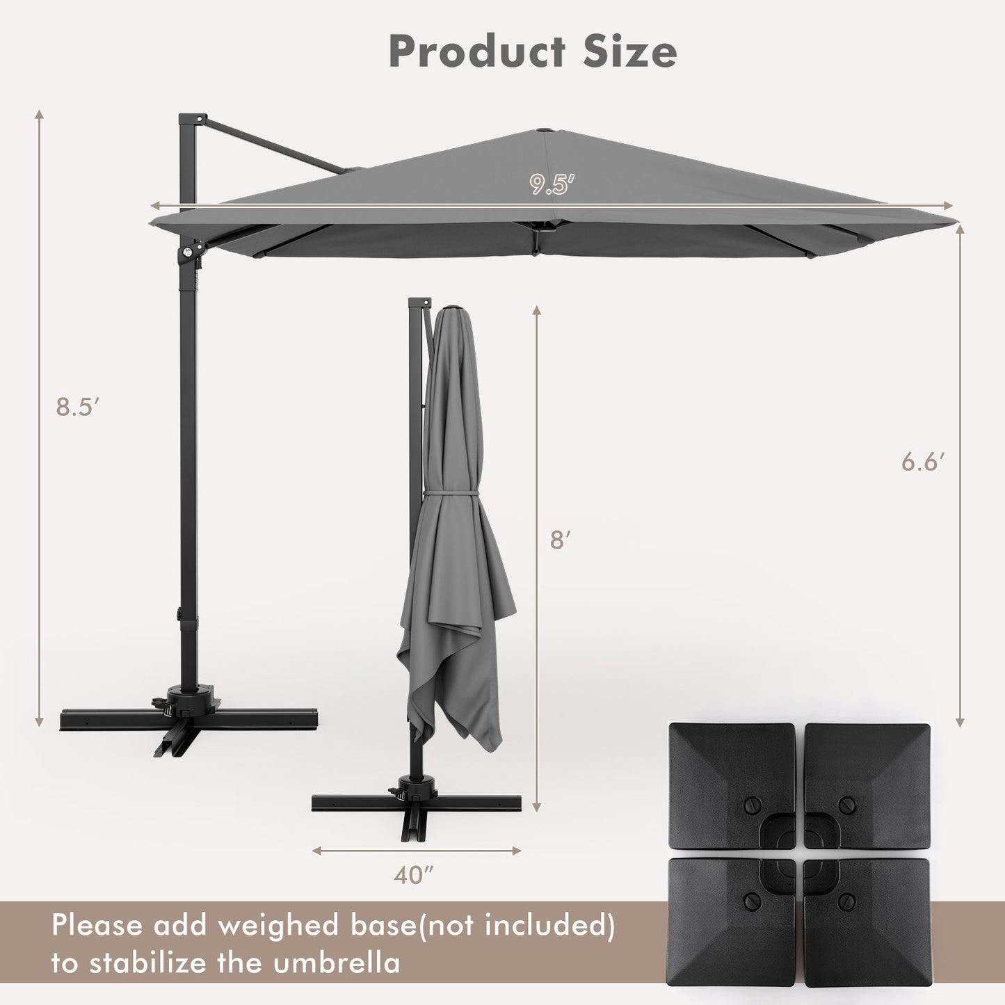 9.5 Feet Square Patio Cantilever Umbrella with 360° Rotation, Gray Outdoor Umbrellas   at Gallery Canada