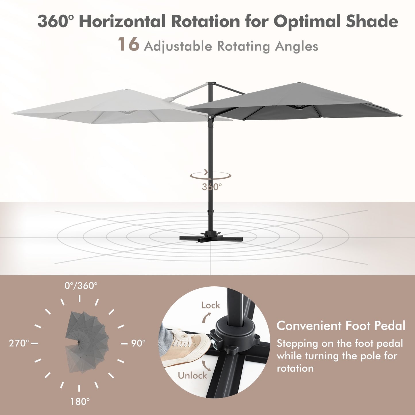 9.5 Feet Square Patio Cantilever Umbrella with 360° Rotation, Gray Outdoor Umbrellas   at Gallery Canada