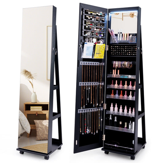 64 Inches Lockable Jewelry Cabinet Armoire with Built-in Makeup Mirror, Black Jewelry Armoires Black  at Gallery Canada