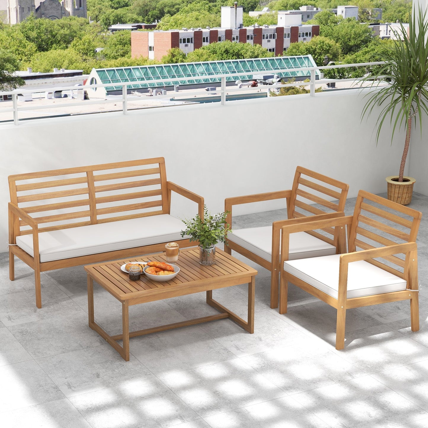 4 Piece Wood Patio Conversation Set with 2 Armchairs and Coffee Table, White Patio Conversation Sets   at Gallery Canada