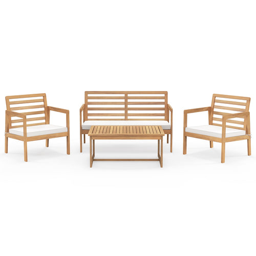 4 Piece Wood Patio Conversation Set with 2 Armchairs and Coffee Table, White