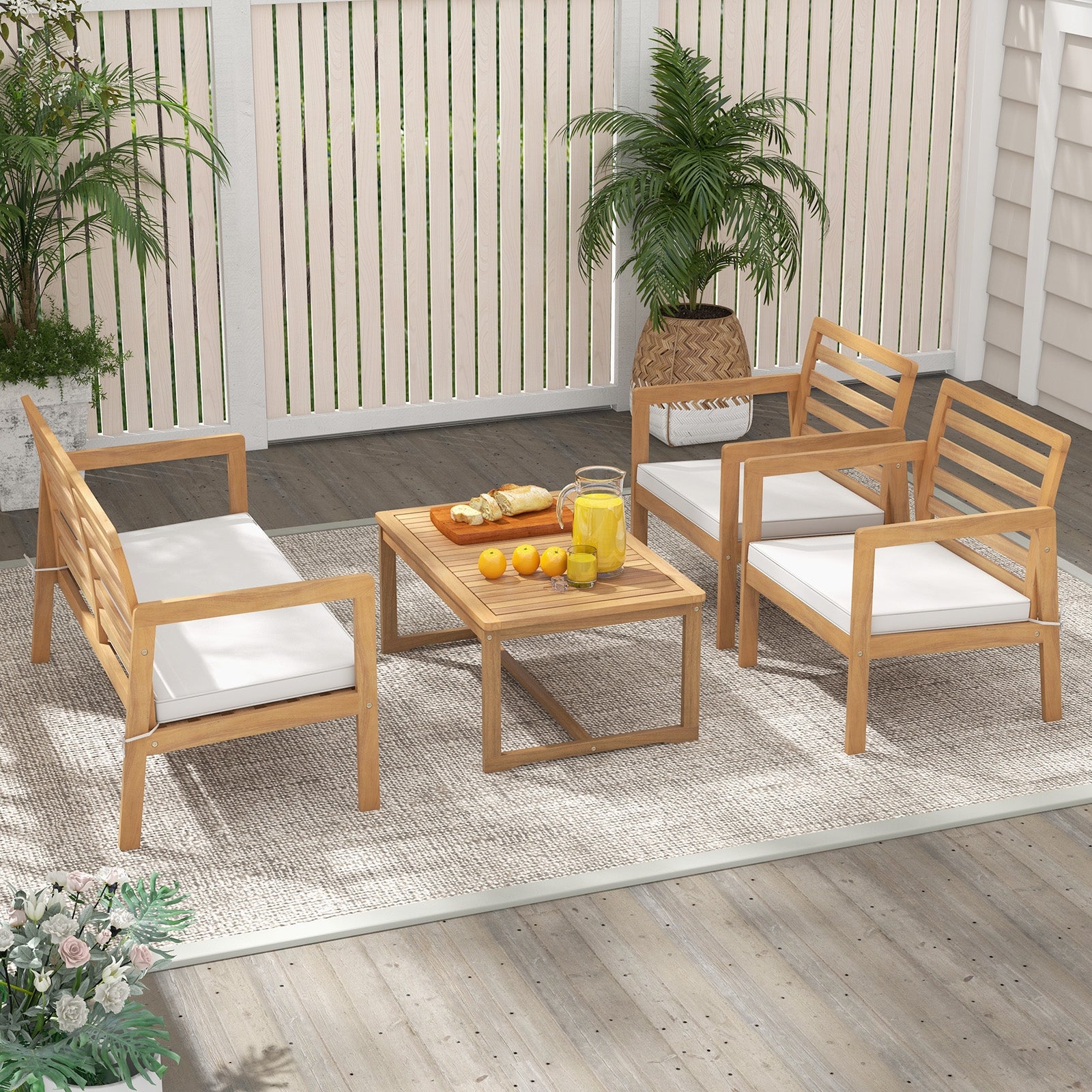 4 Piece Wood Patio Conversation Set with 2 Armchairs and Coffee Table, White Patio Conversation Sets   at Gallery Canada